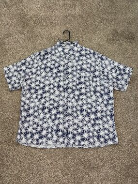 Peter Millar Shirt Men’s XL Blue Linen Button Up Short Sleeve Floral Palm Hawaii